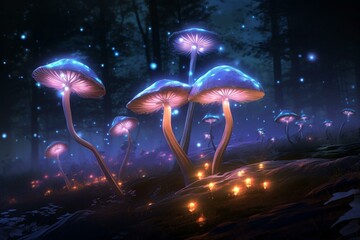 Nighttime group of mushrooms with glowing ones in foreground and background. Generative AI