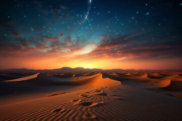Dunes create a surreal desert with a starry evening sky. Generative AI