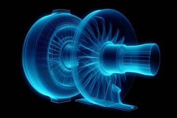 Transparent blue 3D x-ray of a turbine. Generative AI - obrazy, fototapety, plakaty