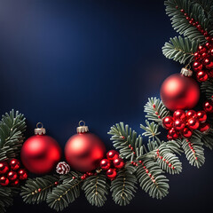 Christmas background with fir branches, red baubles and stars.