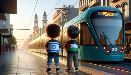 Palestine and Israel peace concept, Gaza conflict and war, kids together with their flags representing peace and end of war negotiation, waiting tram at the station, children - obrazy, fototapety, plakaty
