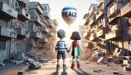 Palestine and Israel peace concept, Gaza conflict and war, kids together with their flags representing peace and end of war negotiation, balloon flying, children - obrazy, fototapety, plakaty