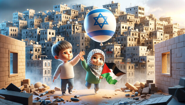 Palestine and Israel peace concept, Gaza conflict and war, kids together with their flags representing peace and end of war negotiation, balloon flying, children