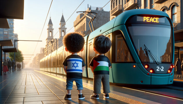 Palestine and Israel peace concept, Gaza conflict and war, kids together with their flags representing peace and end of war negotiation, waiting tram at the station, children