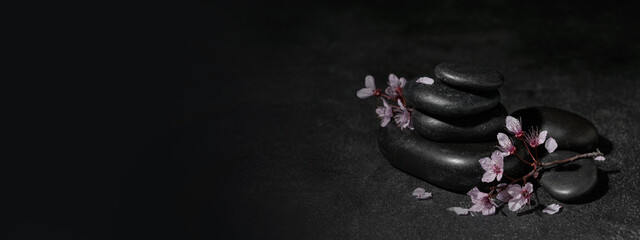 Stack of spa stones and blossoming branches on dark background with space for text