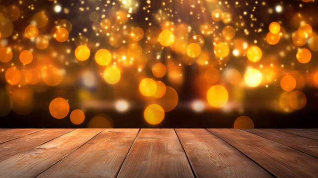 Fond graphique, planche de bois et paysage. Ambiance automnale. Arri&egrave;re-plan de flou, ensoleill&eacute;, scintillant. Automne, for&ecirc;t. Espace pour conception et cr&eacute;ation.