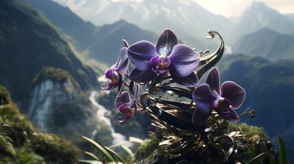 An Obsidian Orchid nestled in a high-altitude garden, with majestic mountains looming in the...