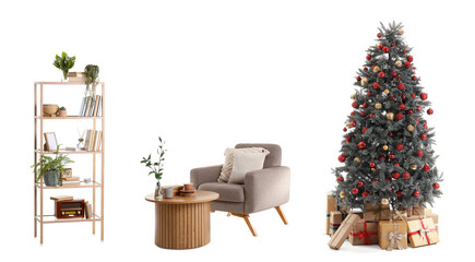 Christmas tree with gifts and stylish furniture on white background