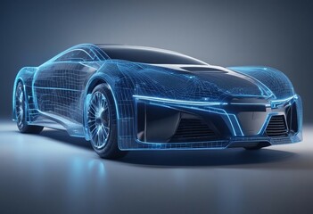 Frontside Futuristic AR car wireframe concept Augmented reality wireframe of car concept with blue