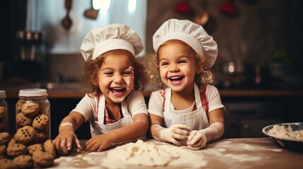 Funny cute smiling cheerful children are baking cookies in the kitchen. Creative and happy childhood concept