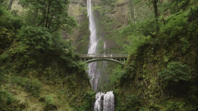 Low angle view of Multnomah Falls waterfall in green forest / Bridal Veil, Oregon, United States