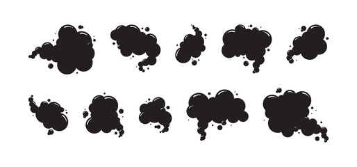 Comic fart clouds, smell smoke poof, speed bad air gas, cartoon black poison stink odour isolated on white background. Aroma vector illustration - obrazy, fototapety, plakaty