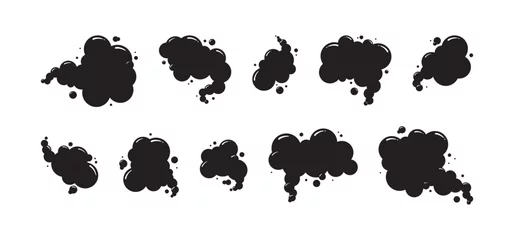 Foto op Aluminium Comic fart clouds, smell smoke poof, speed bad air gas, cartoon black poison stink odour isolated on white background. Aroma vector illustration © Sylfida