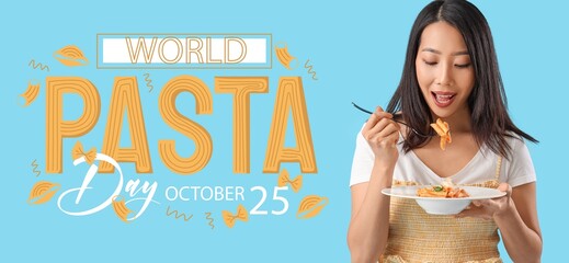Asian woman eating tasty pasta on light blue background. World Pasta Day