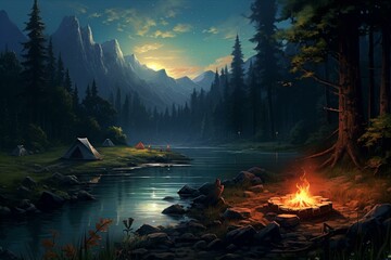 Nighttime camping near a river, campfire, forest illuminated by moonlight, warm evening by the fire. Generative AI