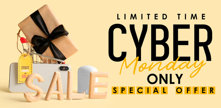 Phone, shopping cart, earphones and gift on beige background. Cyber Monday sale