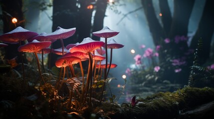An Orchid Obscura nestled among vibrant, luminescent mushrooms in a fantastical forest, captured in full ultra HD