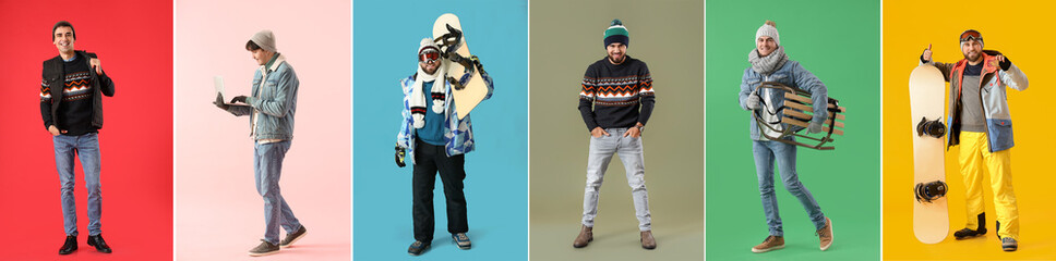 Set of different men in winter clothes on colorful background