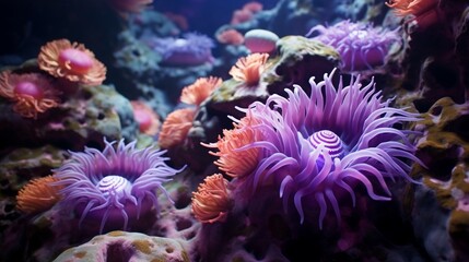 Naklejka na ściany i meble An otherworldly Amethyst Anemone garden on the ocean floor, teeming with vibrant colors.