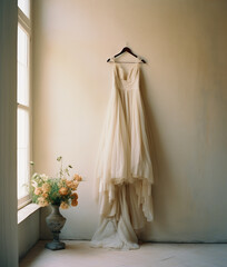 Beautiful white bridal dress on hanger.	