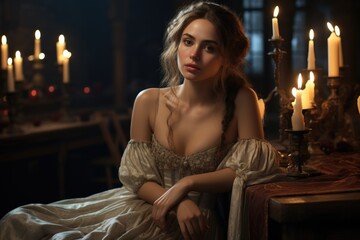 Pretty lady. In the enchanting ambiance of a tavern, a beautiful girl captivates with her charm, adding allure to the conviviality of this social gathering.