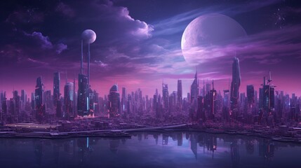 An otherworldly cityscape painted in Velvet Violet, featuring skyscrapers reaching for the stars...