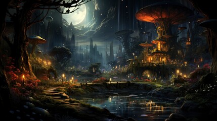 Mystical forest scene with illuminated mushrooms, magical castle, glowing lights, and serene pond reflections.