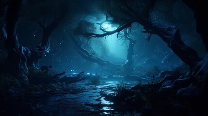 An otherworldly forest, its trees adorned with bioluminescent leaves that emit an ethereal glow in the moonlight.