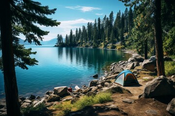 A popular camping spot with a beautiful blue lake shoreline. Generative AI