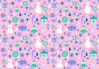 Christmas tree and snowman seamless snowflakes and cup of tea and gift and candy pattern for wrapping paper