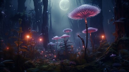 An otherworldly Nebula Nettle surrounded by surreal, luminescent flora in an extraterrestrial...