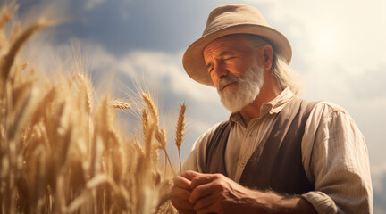 Naklejka na ściany i meble German farmer standing in a wheat field, sunlight, realistic