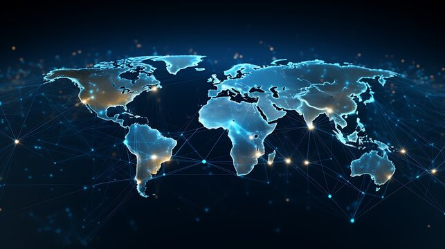 modern and minimalist image that symbolizes the global stock market's interconnectedness sleek, digital world map with nodes and lines representing international trade and stock exchanges
