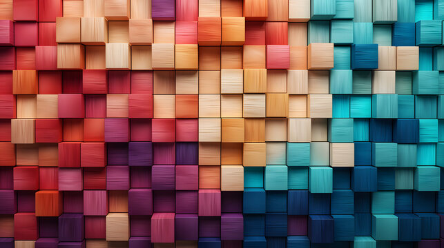 Colorful wooden blocks aligned. Wide format. Hand edited generative