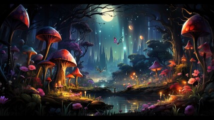 Mystical forest scene with illuminated mushrooms, magical castle, glowing lights, and serene pond reflections.