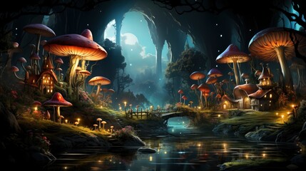 Mystical forest scene with illuminated mushrooms, magical castle, glowing lights, and serene pond reflections.