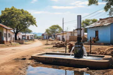 Fototapeta premium A rural village celebrating the arrival of clean drinking water through a new well, emphasizing the Concept of water infrastructure in remote areas. Generative Ai.