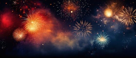 fireworks over night city sky, holiday background, bright colorful lights