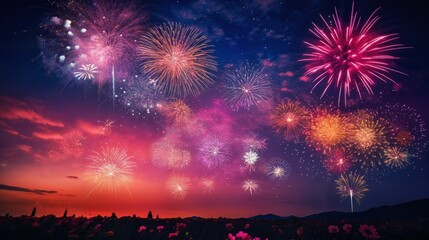 Fototapeta na wymiar fireworks over night city sky, holiday background, bright colorful lights