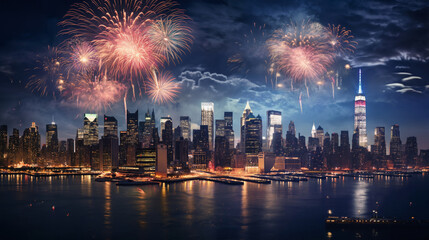 fireworks over night city sky, holiday background, bright colorful lights