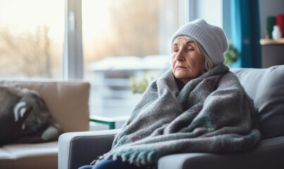A senior person wrapped up in a scarf and hat during winter. Cost of living Heating gas bill - obrazy, fototapety, plakaty