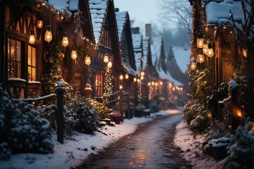 Fototapeta premium city street in winter, exteriors of houses decorated for Christmas or New Year's holiday, snow, street lights, festive environment