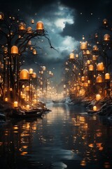 wonderland, lights along the river in the winter forest at night, beautiful nature, fairytale environment