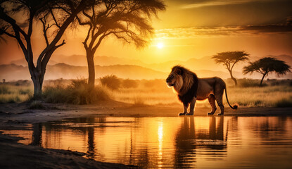 Obraz na płótnie Canvas African landscape at sunset with silhouette of a big adult lion