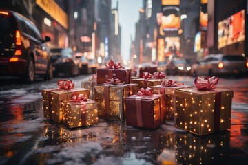 a lot of gifts in city street in winter, exteriors of the house are decorated for Christmas or New Year's holiday, street lights, a fairy-tale environment - obrazy, fototapety, plakaty