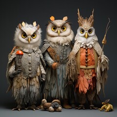 A picture of three owls wearing noble costumes and standing next to each other.
