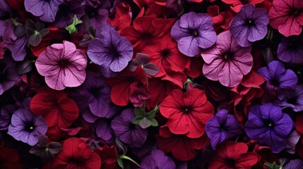 An overhead view of a cluster of Velvet Petunias in various shades of purple and red, forming a...
