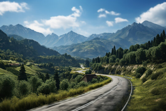 A picturesque rural road surrounded by lush greenery and mountains, highlighting the Concept of rural road infrastructure. Generative Ai.