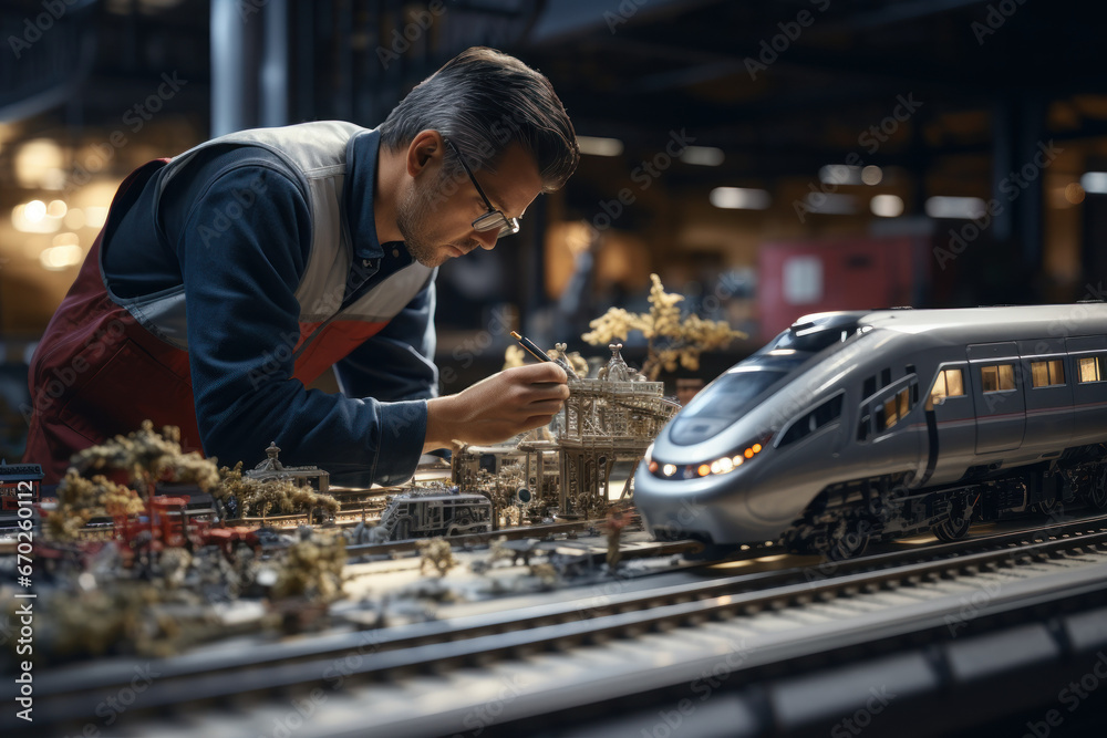 Sticker an engineer examining a high-speed train track for maintenance and repairs, capturing the concept of