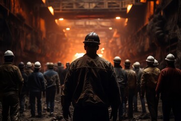 Workers standing near coal mine - obrazy, fototapety, plakaty